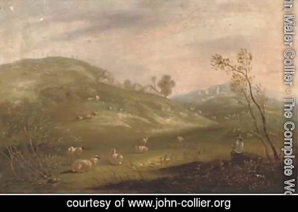 A shepherd and his flock on a hillside with cottages in the distance