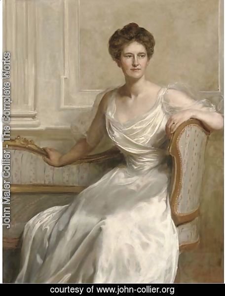 Portrait of Mary Frances Wilson, seated three-quarter-length, in a white dress, in an interior