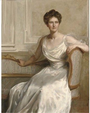 Portrait of Mary Frances Wilson, seated three-quarter-length, in a white dress, in an interior